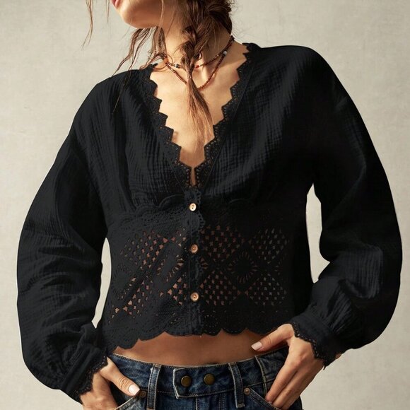 Black Casual Women's Woven V-Neck Lantern Sleeve Lace Trim Loose Fit Blouse - Picture 3 of 8